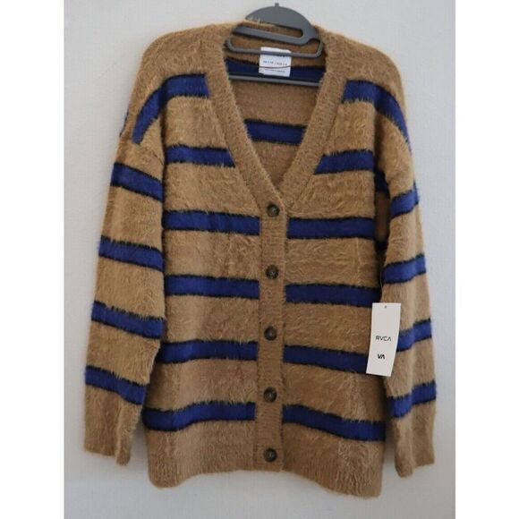 RVCA Women's Sz XS/6 Brown/Navy Striped Here We Are Cardigan L/S Sweater - Picture 1 of 8
